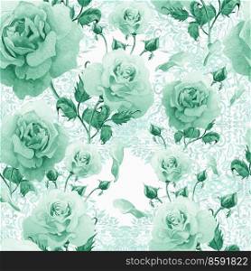 Watercolor pattern with roses and lace patterns. Illustration