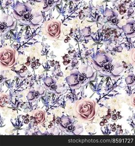 Watercolor pattern with the colors of lavender, roses and anemone. Illustrations. Watercolor pattern with the colors of lavender, roses and anemone.