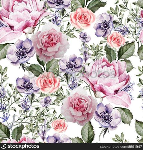 Watercolor pattern with the flowers of lavender and anemone, peony and roses. Illustrations. Watercolor pattern with the flowers of lavender and anemone, peony and roses. 