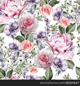 Watercolor pattern with the flowers of lavender and anemone, peony and roses. Illustrations. Watercolor pattern with the flowers of lavender and anemone, peony and roses. 