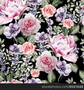 Watercolor pattern with the flowers of lavender and anemone, peony and roses. Illustrations. Watercolor pattern with the flowers of lavender and anemone, peony and roses