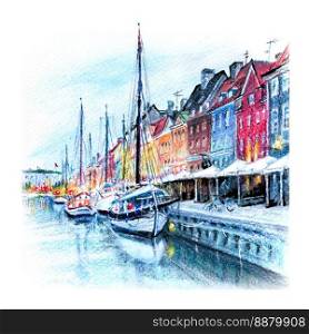 Watercolor pencils sketch of Nyhavn with colorful facades of old houses and ships in Old Town of Copenhagen, capital of Denmark.. Watercolor pencils sketch of Nyhavn, Copenhagen, Denmark.