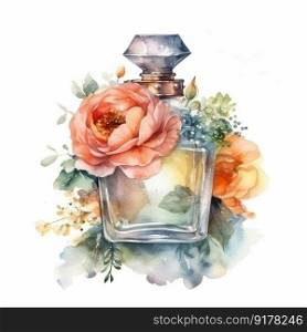Watercolor perfume with flowers. Illustration Generative AI