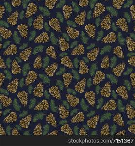 Watercolor pine branches and cones pattern on a dark background. For printing on fabric, bedding, notebook design.