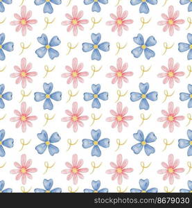 Watercolor pink and blue floral seamless pattern with hand drawn  eustomas. Pattern with delicate flowers and leaves. Watercolor texture for wrapping paper, fabric, decor