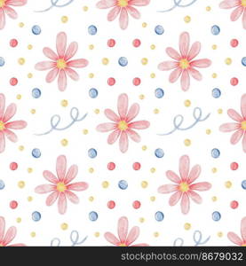 Watercolor pink floral seamless pattern with hand drawn flowers. Pattern with delicate flowers and leaves. Watercolor texture for wrapping paper, fabric, decor