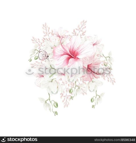 Watercolor pink tropical bouquet with Exotic flowers, hibiscus and orchids.  Illustration. Watercolor pink tropical bouquet with Exotic flowers, hibiscus and orchids.  
