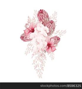 Watercolor pink tropical bouquet with Exotic flowers, orchid, protea, hibiscus and leaves.  Illustration. Watercolor pink tropical bouquet with Exotic flowers, orchid, protea, hibiscus and leaves.