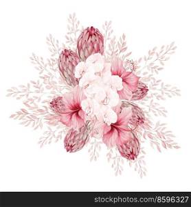 Watercolor pink tropical bouquet with Exotic flowers, orchid, protea, hibiscus and leaves.  Illustration. Watercolor pink tropical bouquet with Exotic flowers, orchid, protea, hibiscus and leaves.