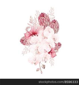 Watercolor pink tropical bouquet with Exotic flowers, orchid, protea, hibiscus and leaves. Illustration. Watercolor pink tropical bouquet with Exotic flowers, orchid, protea, hibiscus and leaves. 