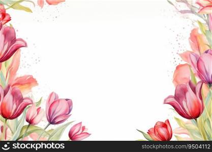 Watercolor pink tulips frames on vintage background