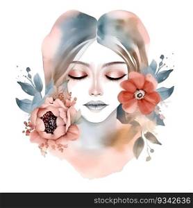 Watercolor portrait of a beautiful girl with flowers. Vector illustration.