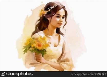 Watercolor portrait of a bride on white created with generative AI technology