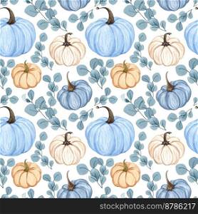 Watercolor pumpkins seamless pattern. Hand drawn autumn pumpkin with floral twigs. Fall background. Watercolor pumpkins seamless pattern. Hand drawn autumn pumpkin with floral twigs. Fall background.