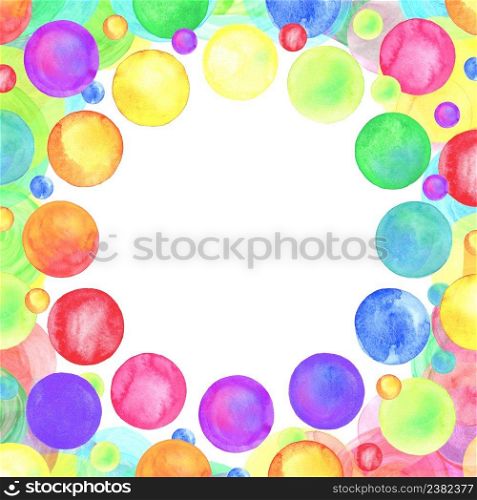 Watercolor rainbow confetti background. Abstract colorful dots frame. Confetti party illustration. Multicolored dot confetti texture