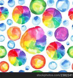 Watercolor rainbow repeated pattern. Abstracts rounded bubbles seamless pattern. Hand painted illustration.. Round shapes seamless ornament