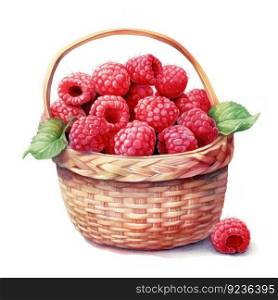 Watercolor raspberries in basket. Illustration Generative AI
