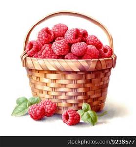 Watercolor raspberries in basket. Illustration Generative AI
