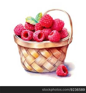Watercolor raspberries in basket. Illustration Generative AI 