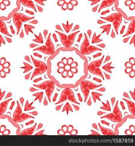Watercolor red and white seamless hand painted flower mandala pattern design. Red seamless ornamental watercolor tiled pattern hand drawn graphic