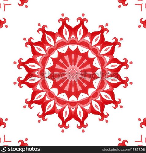 Watercolor red and white seamless hand painted mandala pattern design. Red seamless ornamental watercolor arabesque paint tile pattern for fabric