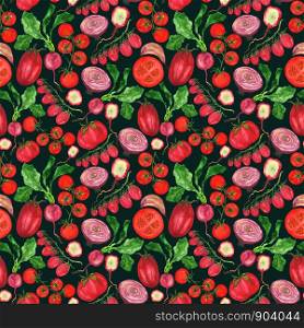 Watercolor red vegetables in a pattern on a black-green background. Handmade endless drawing of tomatoes onion radish. For printing cards, invitations, home decor, fabrics.