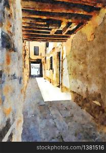 Watercolor representing a alleyway in the historic center of Venice. a alleyway in the historic center of Venice