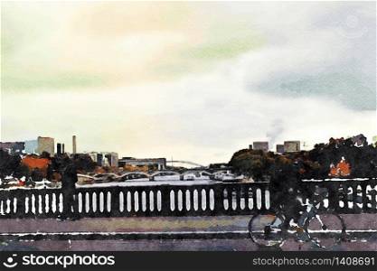 watercolor representing a bicycle ride on one of the bridges on the Seine in Paris in the autumn. a bicycle ride on one of the bridges on the Seine in Paris in the autumn
