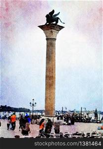 Watercolor representing a column with the lion of San Marco symbol of Venice. a column with the lion of San Marco symbol of Venice