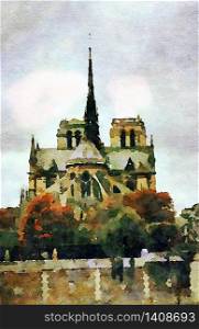 watercolor representing a glimpse of the cathedral of Notre Dame in Paris in the autumn. a glimpse of the cathedral of Notre Dame in Paris in the autumn