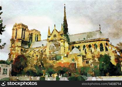 watercolor representing a glimpse of the cathedral of Notre Dame in Paris in the autumn. a glimpse of the cathedral of Notre Dame in Paris in the autumn