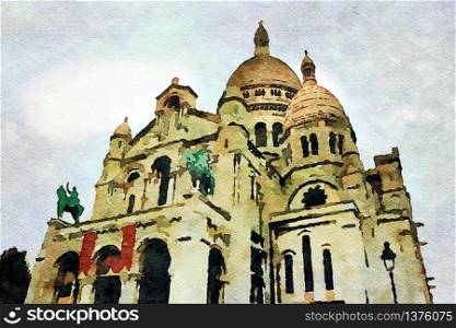 Watercolor representing a glimpse of the church of the Sacre Coeur in the Montmartre district of Paris in the autumn. a glimpse of the church of the Sacre Coeur in the Montmartre district of Paris in the autumn