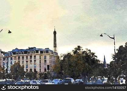 Watercolor representing a glimpse of the Eiffel Tower from a square in Paris in autumn. a glimpse of the Eiffel Tower from a square in Paris in autumn