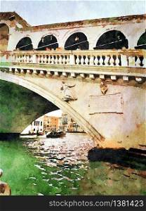 Watercolor representing a glimpse of the famous bridge in the center of Venice. a glimpse of the famous bridge in the center of Venice