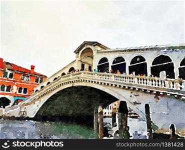 Watercolor representing a glimpse of the famous bridge in the center of Venice. a glimpse of the famous bridge in the center of Venice