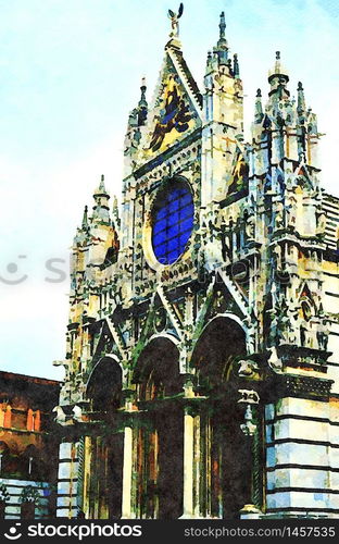 Watercolor representing a glimpse of the main facade of the Siena cathedral in Tuscany. a glimpse of the main facade of the Siena cathedral in Tuscany