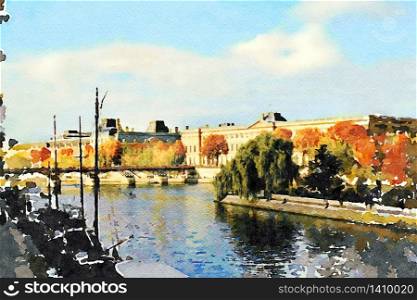 watercolor representing a glimpse of the Seine in Paris in the autumn. a glimpse of the Seine in Paris in the autumn