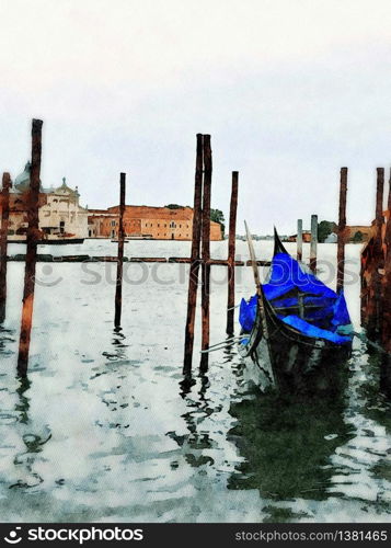 Watercolor representing a gondola parked on the grand canal of Venice. a gondola parked on the grand canal of Venice