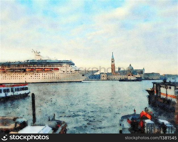 Watercolor representing a huge tourist ship that enters the great canal of Venice. a huge tourist ship that enters the great canal of Venice