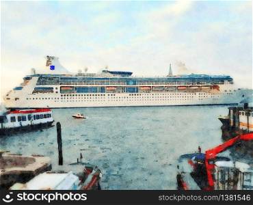Watercolor representing a huge tourist ship that enters the great canal of Venice. a huge tourist ship that enters the great canal of Venice