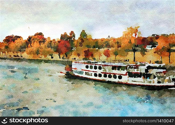 Watercolor representing a steamboat on the Seine in Paris in the autumn. a steamboat on the Seine in Paris in the autumn