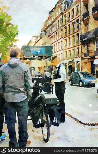 Watercolor representing a street vendor of crepes in the streets of central Paris in the autumn. a street vendor of crepes in the streets of central Paris in the autumn