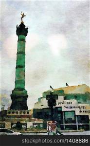 watercolor representing a view of the square of the Bastille in Paris in autumn. a view of the square of the Bastille in Paris in autumn