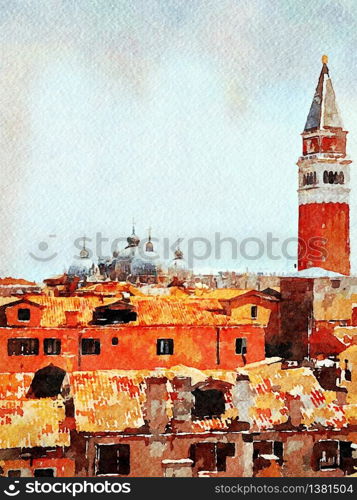 Watercolor representing a view of the tower and roofs of the cathedral of Venice from the balcony of a historic building in the historic center. a view of the tower and roofs of the cathedral of Venice from the balcony of a historic building in the historic center