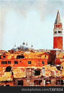 Watercolor representing a view of the tower and roofs of the cathedral of Venice from the balcony of a historic building in the historic center. a view of the tower and roofs of the cathedral of Venice from the balcony of a historic building in the historic center