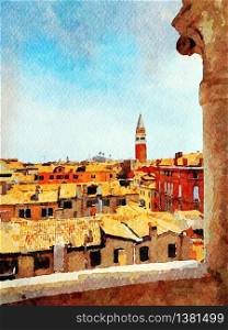 Watercolor representing a view of Venice from the balcony of a historic building in the historic center. a view of Venice from the balcony of a historic building in the historic center