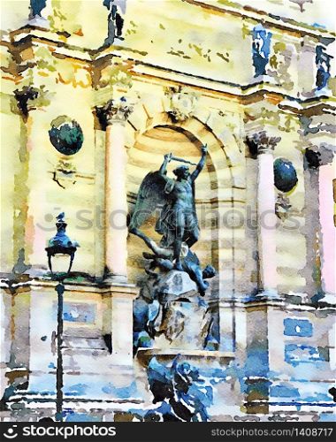 watercolor representing an ancient statue in one of the squares of Paris in the autumn. an ancient statue in one of the squares of Paris in the autumn