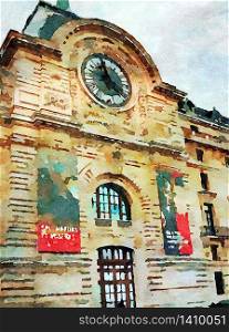 Watercolor representing an antique clock on a facade of a historic building in central Paris in the autumn. an antique clock on a facade of a historic building in central Paris in the autumn