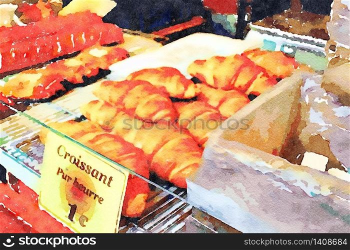 watercolor representing croissants at the Paris food market in autumn. croissants at the Paris food market in autumn