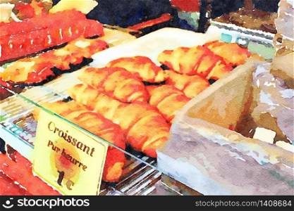 watercolor representing croissants at the Paris food market in autumn. croissants at the Paris food market in autumn